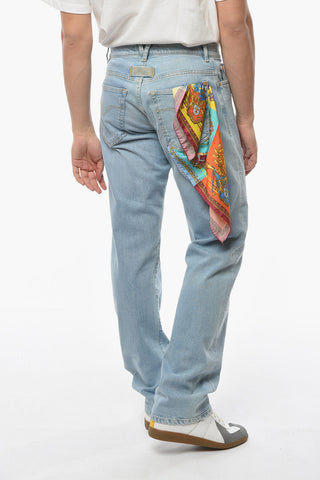 Wide-leg Denims with Light Wash and Royal Printed Foulard