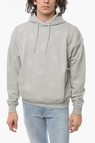 Felpa in Cotone Garzato con Cappuccio e Logo all Over