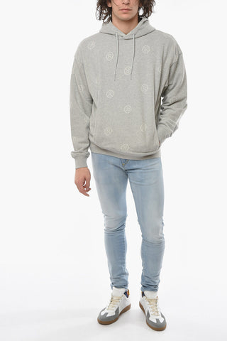 Felpa in Cotone Garzato con Cappuccio e Logo all Over