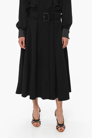 Wool-twill Flared Midi Skirt with Belt