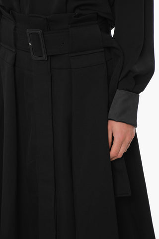 Wool-twill Flared Midi Skirt with Belt