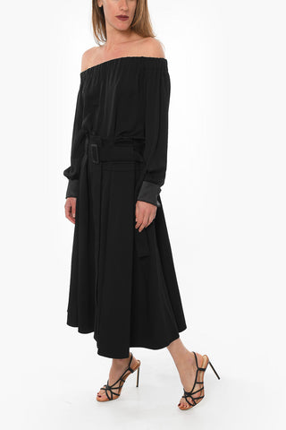 Wool-twill Flared Midi Skirt with Belt