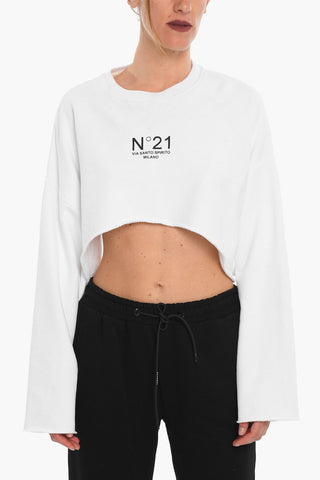 Brushed Cotton Cropped Crewneck Sweateshirt With Logo Print