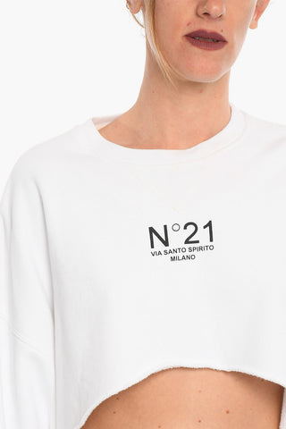 Brushed Cotton Cropped Crewneck Sweateshirt With Logo Print
