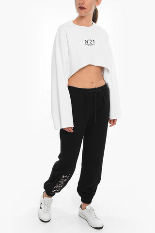 Brushed Cotton Cropped Crewneck Sweateshirt With Logo Print