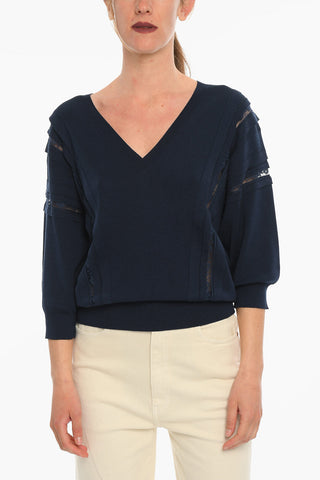 Silk Blend V Neck Pullover With Lace Inserts