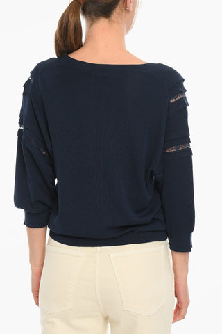 Silk Blend V Neck Pullover With Lace Inserts