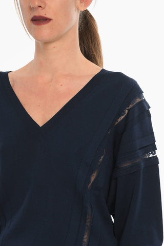 Silk Blend V Neck Pullover With Lace Inserts