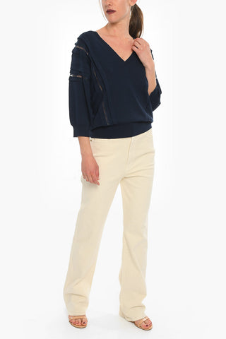 Silk Blend V Neck Pullover With Lace Inserts