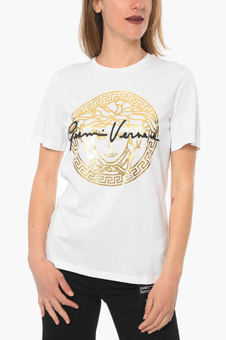 Crew-neck T-shirt with Golden Medusa Print and Contrasting Lettering