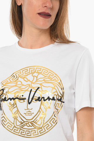 Crew-neck T-shirt with Golden Medusa Print and Contrasting Lettering