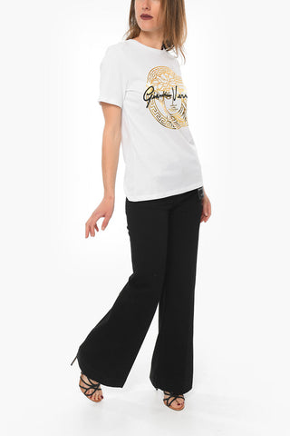Crew-neck T-shirt with Golden Medusa Print and Contrasting Lettering