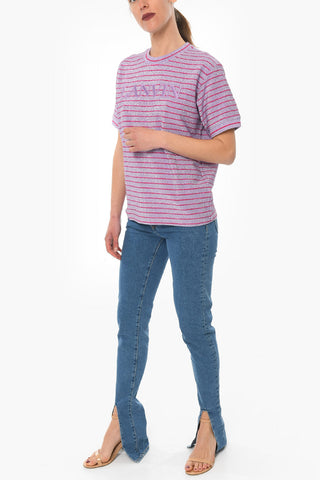 Embroidered Logo Striped Lurex T-Shirt