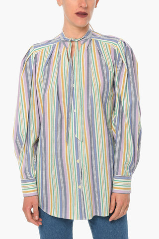 Unbalanced-striped TIVERNA Tie-neck Blouse with Puffed Sleeves
