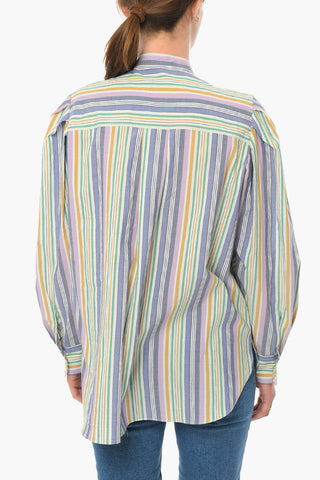 Unbalanced-striped TIVERNA Tie-neck Blouse with Puffed Sleeves