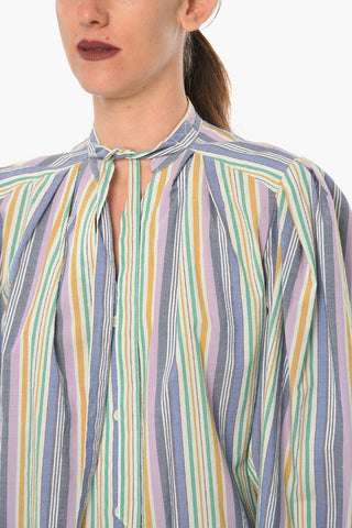 Unbalanced-striped TIVERNA Tie-neck Blouse with Puffed Sleeves