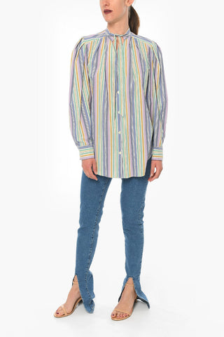 Unbalanced-striped TIVERNA Tie-neck Blouse with Puffed Sleeves