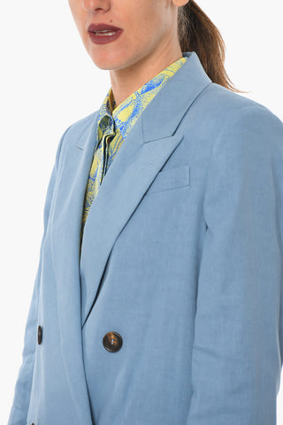 Linen-blend Double-breasted Blazer with Peak Lapel