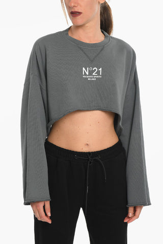 Brushed Cotton Cropped Crewneck Sweateshirt With Logo Print