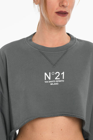 Brushed Cotton Cropped Crewneck Sweateshirt With Logo Print