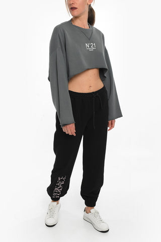 Brushed Cotton Cropped Crewneck Sweateshirt With Logo Print