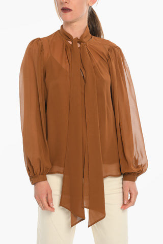 Long Sleeved Silk Blouse With Ribbon Neck