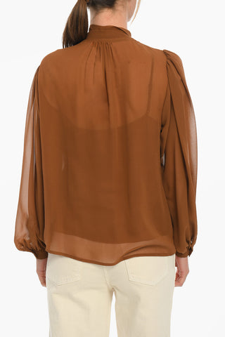 Long Sleeved Silk Blouse With Ribbon Neck
