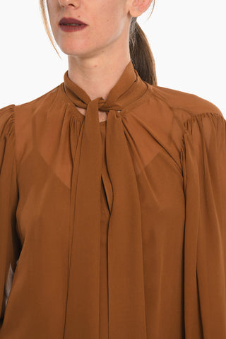 Long Sleeved Silk Blouse With Ribbon Neck