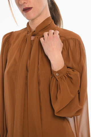 Long Sleeved Silk Blouse With Ribbon Neck