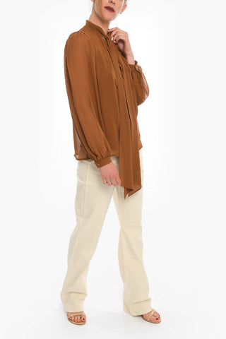 Long Sleeved Silk Blouse With Ribbon Neck