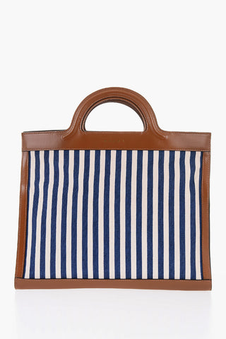 Leather SUMMER Tote Bag with Canvas Awning-striped Motif