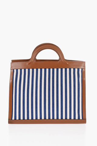 Leather SUMMER Tote Bag with Canvas Awning-striped Motif