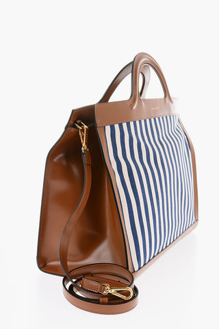 Leather SUMMER Tote Bag with Canvas Awning-striped Motif