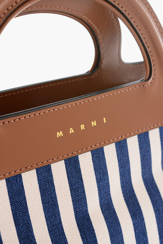 Leather SUMMER Tote Bag with Canvas Awning-striped Motif