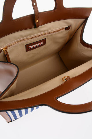 Leather SUMMER Tote Bag with Canvas Awning-striped Motif