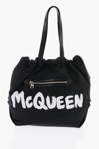 Leather-detailed THE BUNDLE Tote Bag with GRAFFITI Logo Print