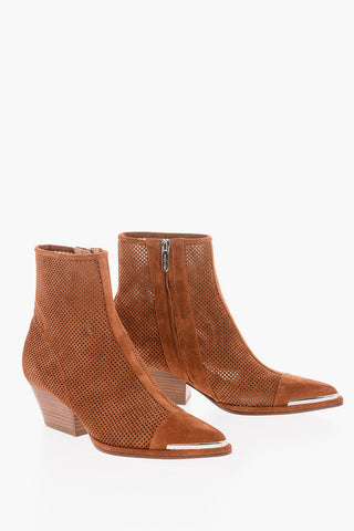 Perforated Suede Western Booties with Wood Heel 5cm