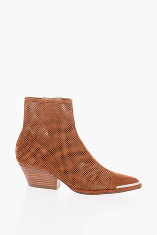 Perforated Suede Western Booties with Wood Heel 5cm