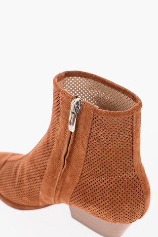 Perforated Suede Western Booties with Wood Heel 5cm