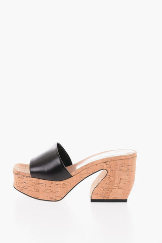 SI Cork Heel Leather Open Toe Mules 9cm