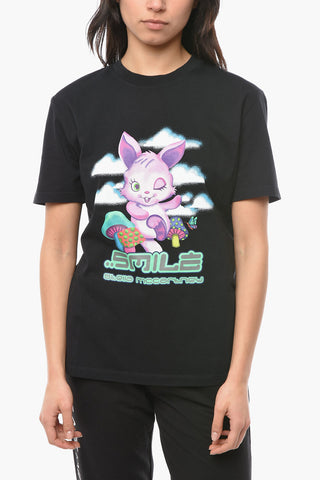 Crew-neck T-shirt with SMILE BUNNY Print and Lettering