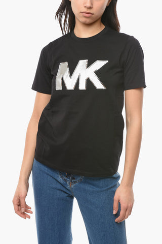 T-shirt Girocollo con Stampa Logo e Paillettes