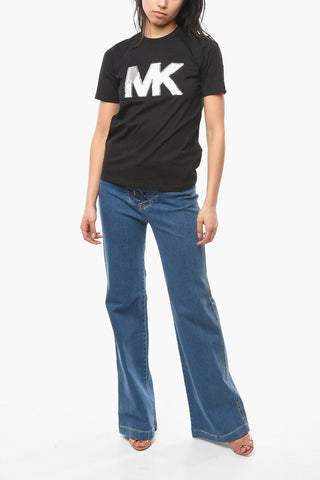 T-shirt Girocollo con Stampa Logo e Paillettes