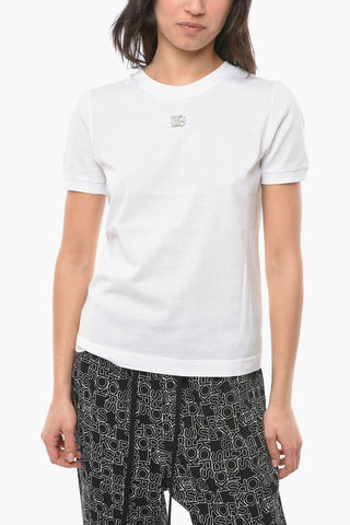 T-shirt Girocollo in Jersey con Applicazione Logo con Cristalli