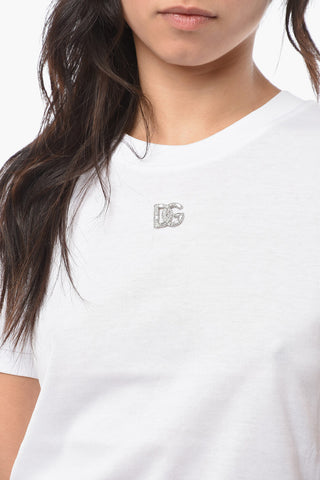 T-shirt Girocollo in Jersey con Applicazione Logo con Cristalli