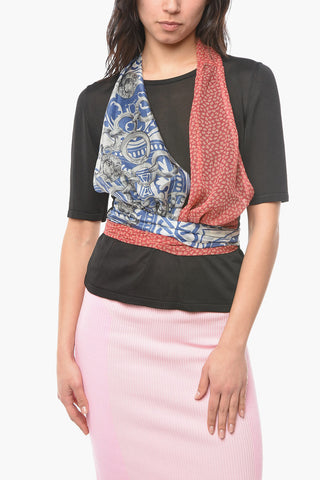 Viscose-knit Top with Twisted Self-tie Silk Scarves