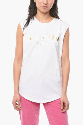 Crew-neck Tank Top with Embossed Logo Print and Button Detailing