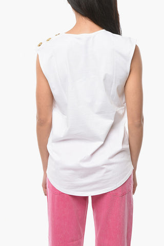 Crew-neck Tank Top with Embossed Logo Print and Button Detailing