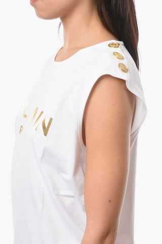Crew-neck Tank Top with Embossed Logo Print and Button Detailing