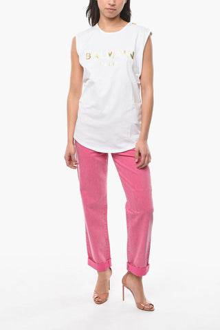 Crew-neck Tank Top with Embossed Logo Print and Button Detailing